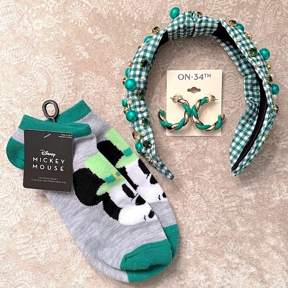 Brand New St. Patrick Day Set Green Beaded Gingham Headband Disney Socks Hoops main image 6